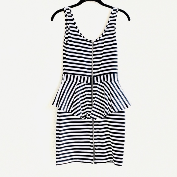 BEBE BLACK AND WHITE STRIPED PEPLUM MINI DRESS - Picture 3 of 6
